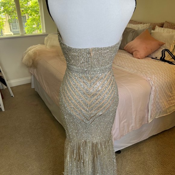 House of Jade Sky Sequin Party, Cocktail, Prom Dress with Feather Detail - Picture 5 of 12